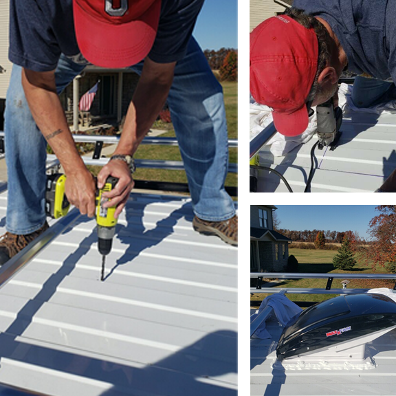 Photo montage of Dan drilling and cutting a hole for a fan in Gravytrain's roof.