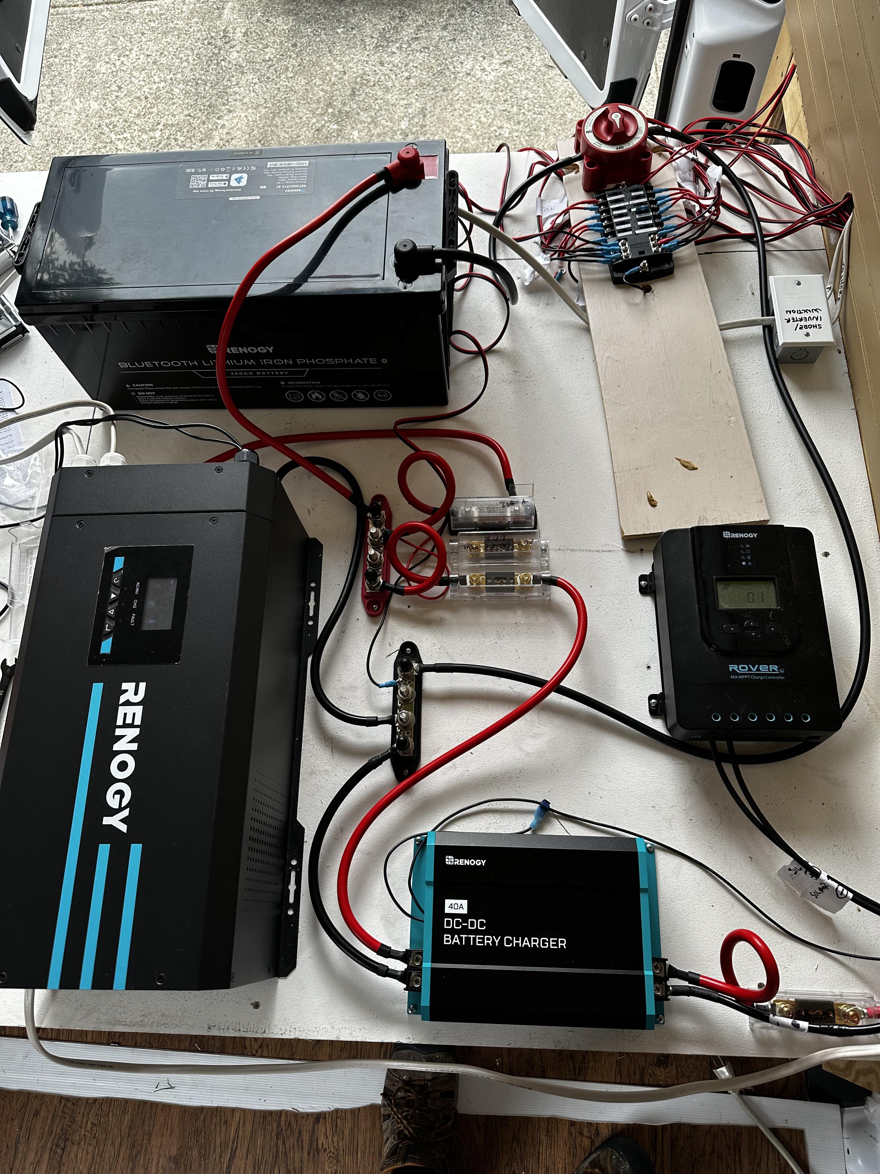 Photo of shore power and water inputs, along with furnace air intake and exhaust.